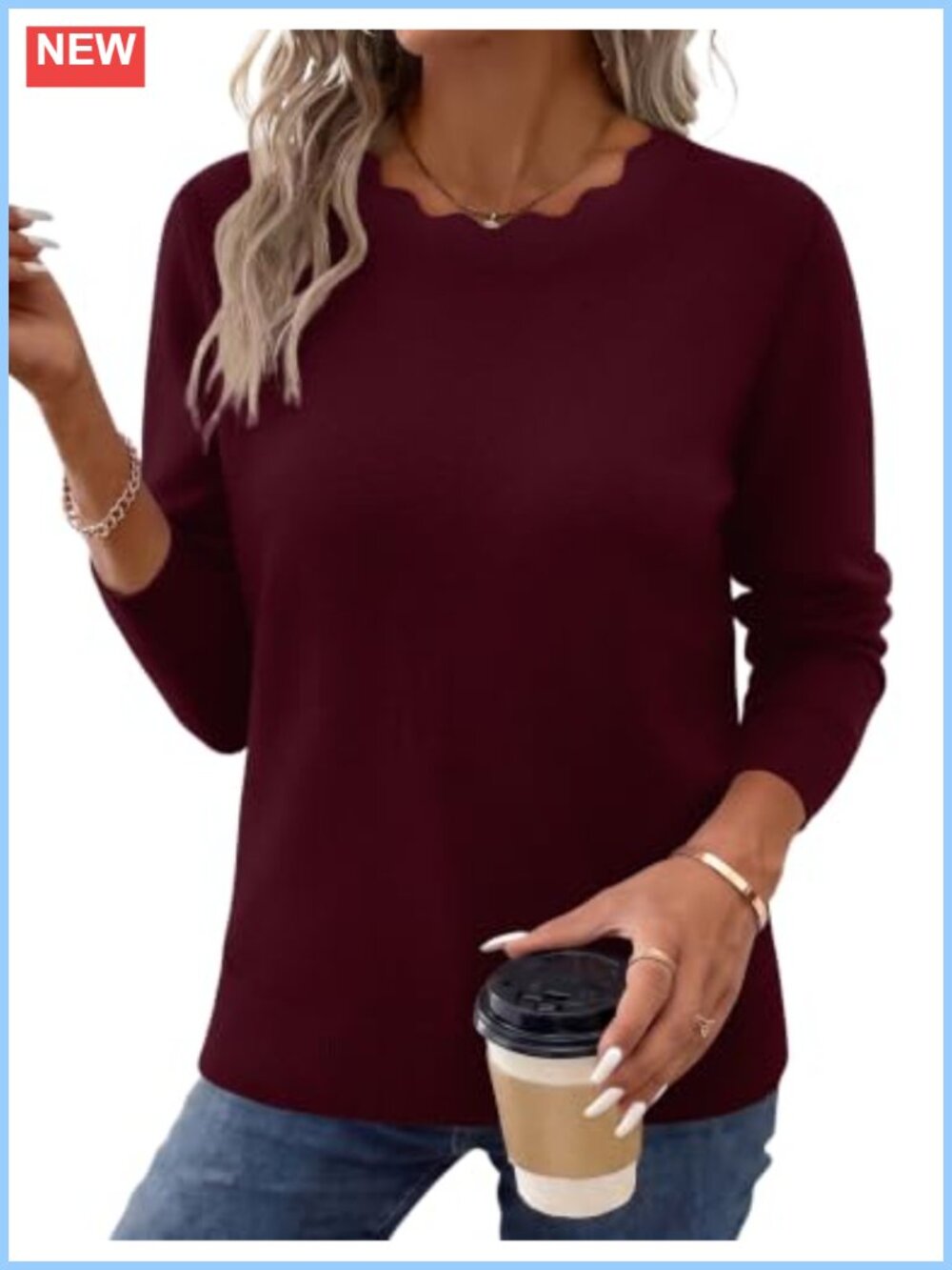 Scalloped Crew Neck Pullover Sweater Long Sleeve Fall Layer